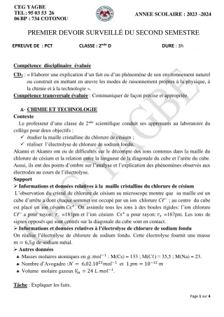 Première page de PCT 2nde D — 1er devoir surveillé, 2e semestre (2023-2024) · CEG Yagbe