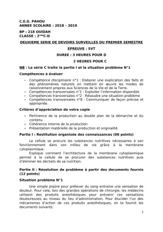 Première page de SVT 2nde D — 2e devoir surveillé, 1er semestre (2018-2019) · CEG PAHOU
