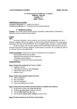Première page de Anglais 6e, 5e, 4e, 4e ML, 4e ML&MC, 3e, 3e ML, 2nde A & B, 2nde A1, 2nde A2, 2nde B, 2nde D — 2e devoir surveillé, 1er semestre (2021-2022) · Lycée Houegbadja d'Abomey (Ex Mafory Bangoura)