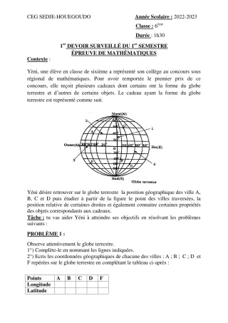 Première page de Mathématiques 6e — 1er devoir surveillé, 1er semestre (2022-2023) · CEG Sèdjè-Houègoudo