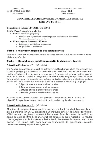 Première page de SVT Tle D — 2e devoir surveillé, 1er semestre (2019-2020) · CEG du Lac