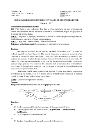 Première page de PCT 6e — 2e devoir surveillé, 2e semestre (2019-2020) · CEG du Lac