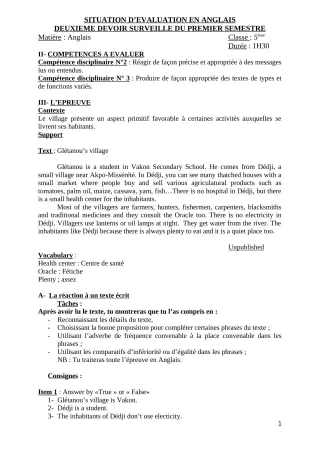 Première page de Anglais 6e — 2e devoir surveillé, 1er semestre (2019-2020) · CEG Kouhounou-Vêdoko