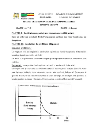 Première page de SVT 2nde D — 2e devoir surveillé, 2e semestre (2020-2021) · CEG SEKERE