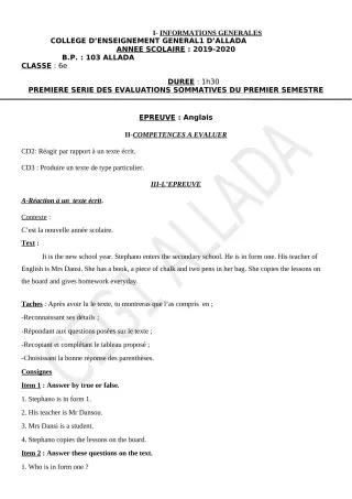 Première page de Anglais 6e, 5e, 4e ML&MC, 3e, 3e ML, 2nde A & B, 2nde C, 2nde D, 1ère A & B, 1ère C, 1ère D, Tle A & B, Tle C, Tle D — 1re évaluation sommative, 1er semestre (2019-2020) · CEG1 Allada