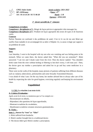 Première page de Anglais 4e — 1er devoir surveillé, 1er trimestre (2021-2022) · CPEG SAINT Justin