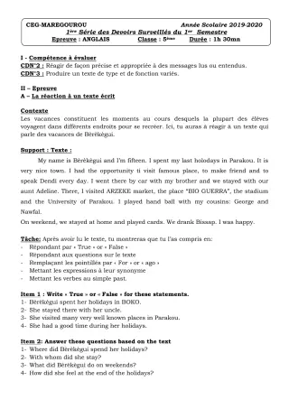Première page de Anglais 5e — 1er devoir surveillé (2019-2020) · CEG MAREGOUROU