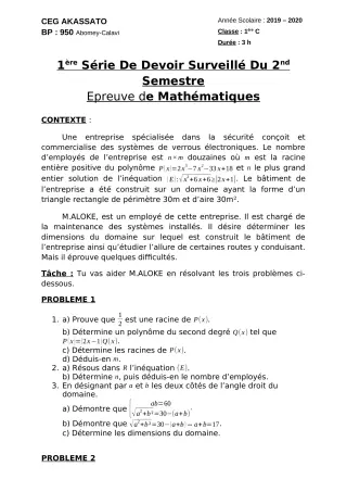 Première page de Mathématiques 1ère C — 1er devoir surveillé, 2e semestre (2019-2020) · CEG Akassato