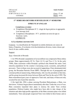Première page de Anglais Tle A2, Tle B — 1er devoir surveillé, 1er semestre (2018-2019) · CEG du Lac