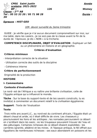 Première page de Histoire-Géographie 2nde A2, 2nde B — 1er devoir surveillé, 3e trimestre (2021-2022) · CPEG SAINT Justin