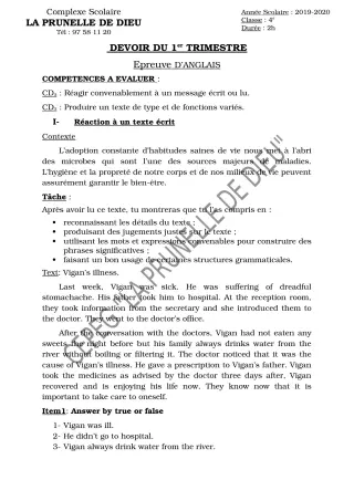 Première page de Anglais 4e, 4e ML — Devoir surveillé, 1er trimestre (2019-2020) · CEPG La Prunelle de Dieu
