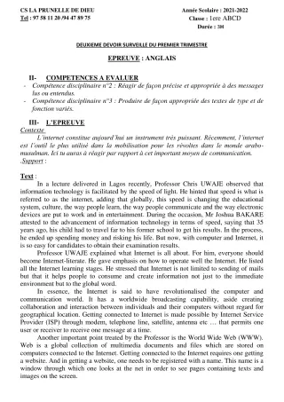 Première page de Anglais 1ère B, 1ère D — 2e devoir surveillé, 1er trimestre (2021-2022) · CEPG La Prunelle de Dieu
