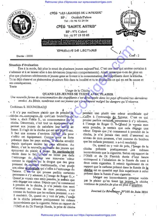 Première page de BEPC 2026 – Examen blanc Lecture – Sujet et corrigé (usage de la chicha, compréhension et analyse) – CPEG Les Leaders de l’Afrique & Sainte Astrid