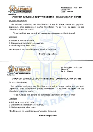 Première page de Français 3e, 3e ML — 1er devoir surveillé, 2e trimestre (2019-2020) · CPEG LE PHARAON