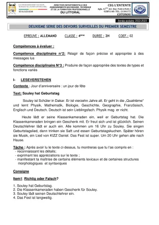 Première page de Allemand 4e, 3e, 2nde A2, 2nde B, 1ère A2, 1ère B, Tle A2, Tle B — 2e devoir surveillé, 1er semestre (2022-2023) · CEG L'Entente