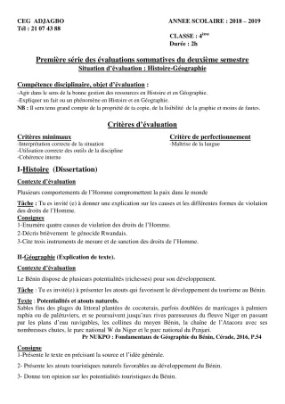 Première page de Histoire-Géographie 4e, 4e ML — 1re évaluation sommative, 2e semestre (2018-2019) · CEG ADJAGBO