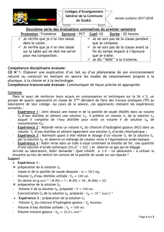 Première page de PCT 3e — 2e évaluation sommative, 1er semestre (2017-2018) · CEG C.P de Dompago