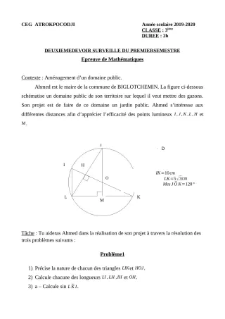 Première page de Mathématiques 3e, 3e ML — Devoir surveillé (2019-2020) · CEG ATROKPOCODJI