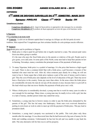 Première page de Anglais 1ère A1, 1ère A2, 1ère B, 1ère C, 1ère D — 1er devoir surveillé, 2e semestre (2018-2019) · CEG ZOGBO