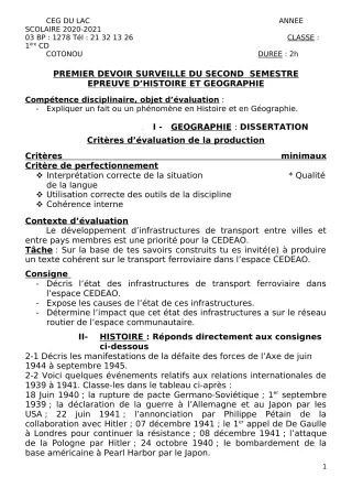 Première page de Histoire-Géographie 1ère C, 1ère D — 1er devoir surveillé, 2e semestre (2020-2021) · CEG du Lac