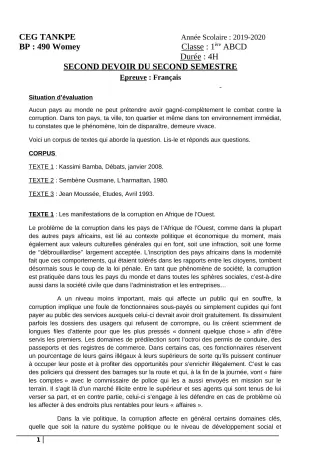 Première page de Français 1ère A2, 1ère B, 1ère C, 1ère D — 2e devoir surveillé, 2e semestre (2019-2020) · CEG Tankpè