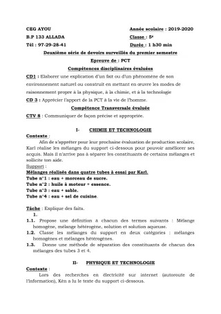 Première page de PCT 5e — 2e devoir surveillé, 1er semestre (2019-2020) · CEG AYOU