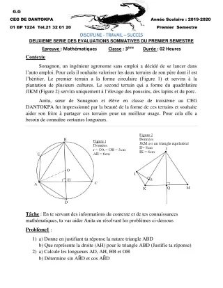 Première page de Mathématiques 3e, 3e ML — 2e évaluation sommative, 1er semestre (2019-2020) · CEG Dantokpa