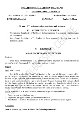 Première page de Anglais 6e, 5e, 4e — 2e évaluation sommative, 2e semestre (2019-2020) · CEG Tori-Bossito Centre