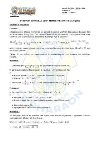 Première page de Mathématiques 3e, 3e ML — 1er devoir surveillé, 1er trimestre (2019-2020) · CPEG LE PHARAON