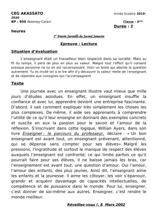 Première page de Français 4e ML&MC, Tle A2 — 1er devoir surveillé, 2e semestre (2019-2020) · CEG Akassato