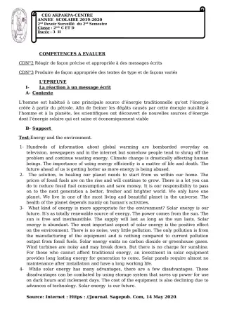 Première page de Anglais 2nde D, 1ère A1 — 2e devoir surveillé, 2e semestre (2019-2020) · CEG 1 Akpakpa-Centre