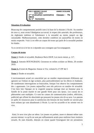 Première page de Français Tle B — 1re évaluation sommative, 1er semestre (2023-2024) · CEG2 ABOMEY - CALAVI (CEG ZOCA)