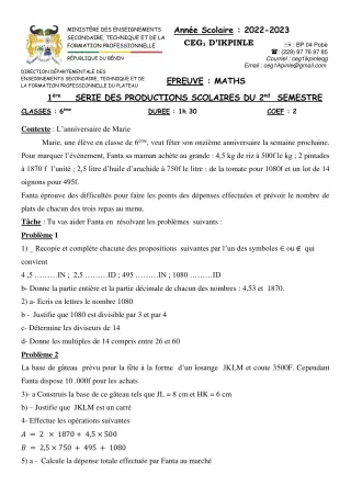 Première page de Mathématiques 6e — Production scolaire, 2e semestre (2022-2023) · CEG1 Ikpinlè