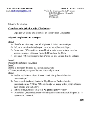 Première page de Français 6e, 5e, 4e, 4e ML, 3e, 3e ML — 1er devoir surveillé, 1er semestre (2021-2022) · Lycée Houegbadja d'Abomey (Ex Mafory Bangoura)