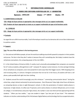 Première page de Anglais 1ère A1, 1ère A2, 1ère B, 1ère C, 1ère D — 2e devoir surveillé, 1er semestre (2022-2023) · CEG LE NOKOUE