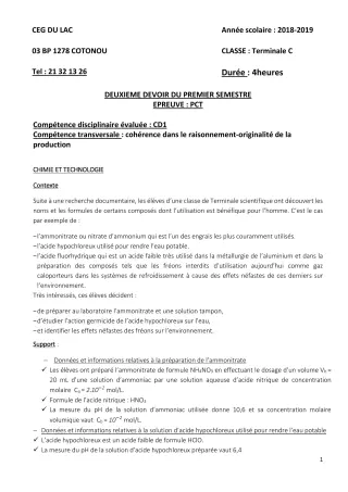 Première page de PCT Tle C — 2e devoir surveillé, 1er semestre (2018-2019) · CEG du Lac