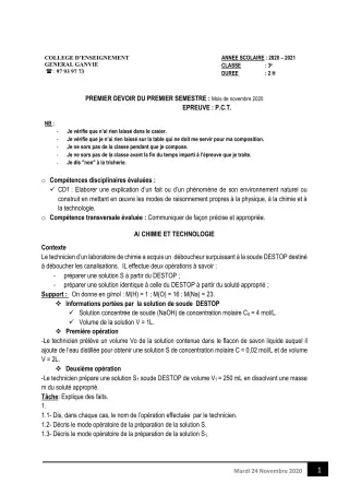 Première page de PCT 3e — Composition, 1er semestre (2020-2021) · CEG Ganvié