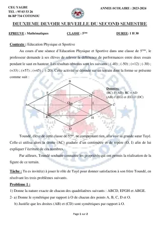 Première page de Mathématiques 5e — 2e devoir surveillé, 2e semestre (2023-2024) · CEG Yagbe
