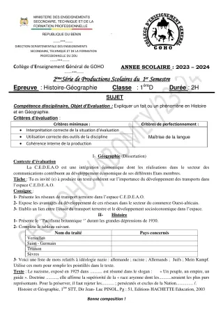 Première page de Histoire-Géographie 1ère D — Production scolaire, 1er semestre (2023-2024) · CEG GOHO
