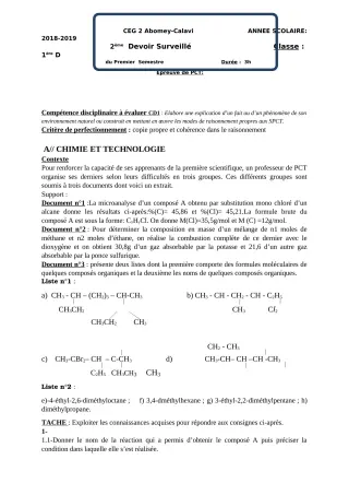 Première page de PCT 1ère D — 2e devoir surveillé, 1er semestre (2018-2019) · CEG2 ABOMEY - CALAVI (CEG ZOCA)