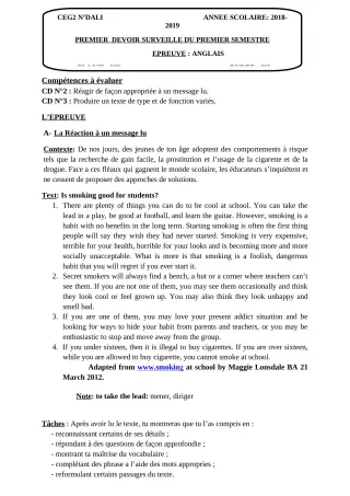 Première page de Anglais 3e, 3e ML — 1er devoir surveillé, 1er semestre (2018-2019) · CEG 2 N'DALI