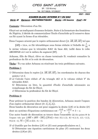 Première page de Examen Blanc de MATHS GENE — Tle D — CPEG SAINT Justin (2021)