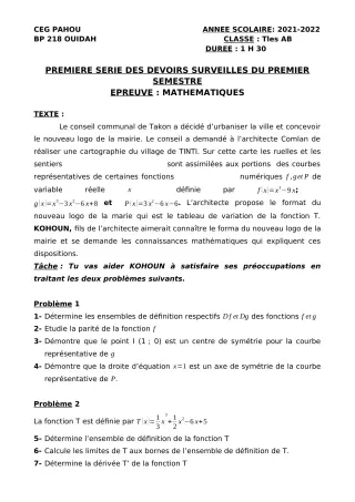 Première page de Mathématiques Tle A2, Tle B — 1er devoir surveillé, 1er semestre (2021-2022) · CEG PAHOU