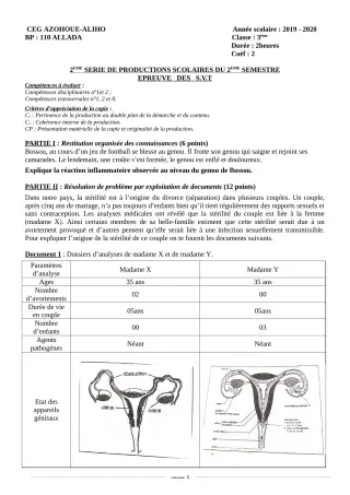Première page de SVT 3e, 3e ML — 2e production scolaire, 2e semestre (2019-2020) · CEG AZOHOUE-ALIHO