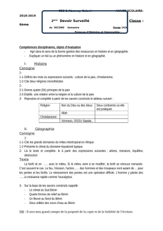 Première page de Histoire-Géographie 6e — 2e devoir surveillé, 2e semestre (2018-2019) · CEG2 ABOMEY - CALAVI (CEG ZOCA)