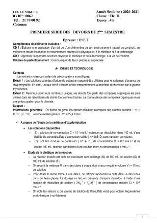 Première page de PCT Tle D — 1er devoir surveillé, 2e semestre (2020-2021) · CEG LE NOKOUE