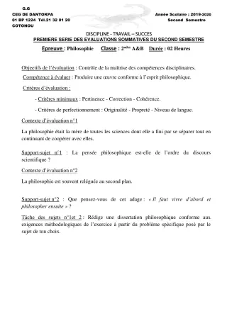 Première page de Philosophie 2nde A, 2nde A & B, 2nde A1, 2nde B, 2nde C, 2nde D, 1ère A, 1ère A1, 1ère A2, 1ère B, 1ère C, 1ère D, Tle A1, Tle A2, Tle B, Tle C, Tle D — 1re évaluation sommative, 2e semestre (2019-202