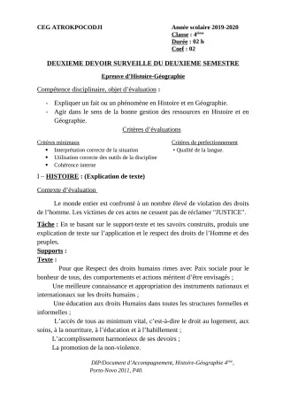 Première page de Histoire-Géographie 4e — 2e devoir surveillé, 2e semestre (2019-2020) · CEG ATROKPOCODJI