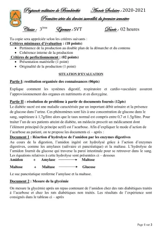 Première page de SVT 3e — 1er devoir surveillé, 1er semestre (2020-2021) · PMB