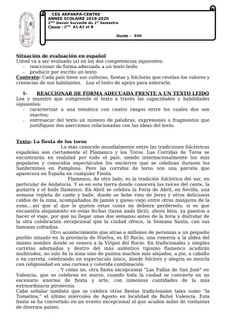 Première page de Espagnol 2nde A1, 2nde A2, 2nde B — 2e devoir surveillé, 1er semestre (2019-2020) · CEG 1 Akpakpa-Centre
